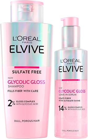 L'Oréal Paris Elvive Glycolic Gloss Illuminating Shampoo with Glycolic Acid 200 ml + Rinse-Free Serum for Porous and Dull Hair Firm and Long-Lasting Shine 150 ml – 2 Bottles - Image 1