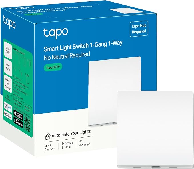 Tapo Smart Switch 1 Way 1 Way Voice Control Away Mode No Neutral Required Battery Included Works with Alexa and Google Tapo Hub Required Separately (Tapo S210) - Image 1