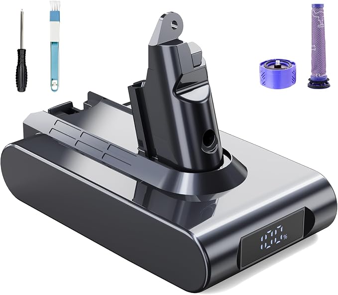 6000mAh Battery with Remaining Charge Display for Dyson V6 DC62 DC59 DC61 DC58 DC72 DC74 Handheld Vacuum Cleaner Replacement Battery for Dyson SV03 SV09 SV05 SV06 SV07 with 2 Filters and 1 Brush - Image 1