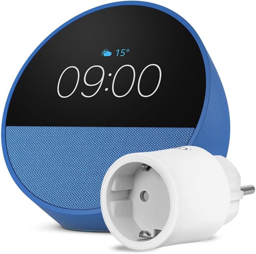 Amazon Echo Spot (Nouvelle génération) | Bleu + OSRAM SMART+ Prise intelligente avec Matter, Fonctionne avec Alexa - Kit de démarrage Maison connectée