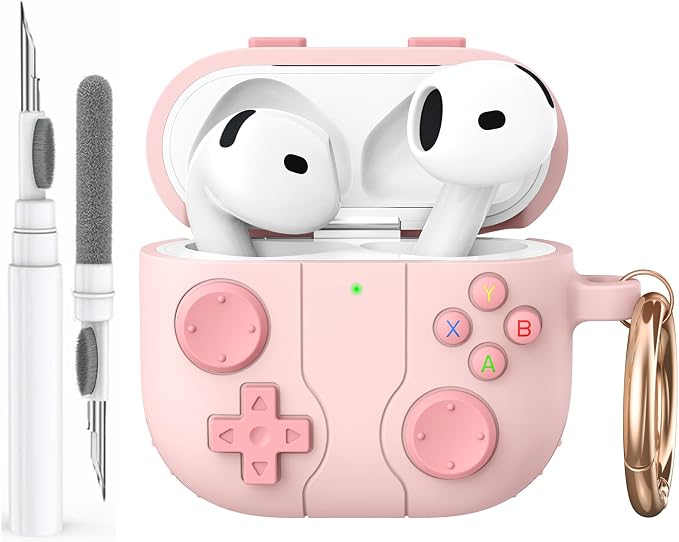 AhaStyle AirPods 4 Case (2024) with Retro Game Console Cleaning Kit for AirPods 4th Generation Soft Silicone Protective Cover for Apple AirPods 4 2024 Charging Case (Pink) - Image 1