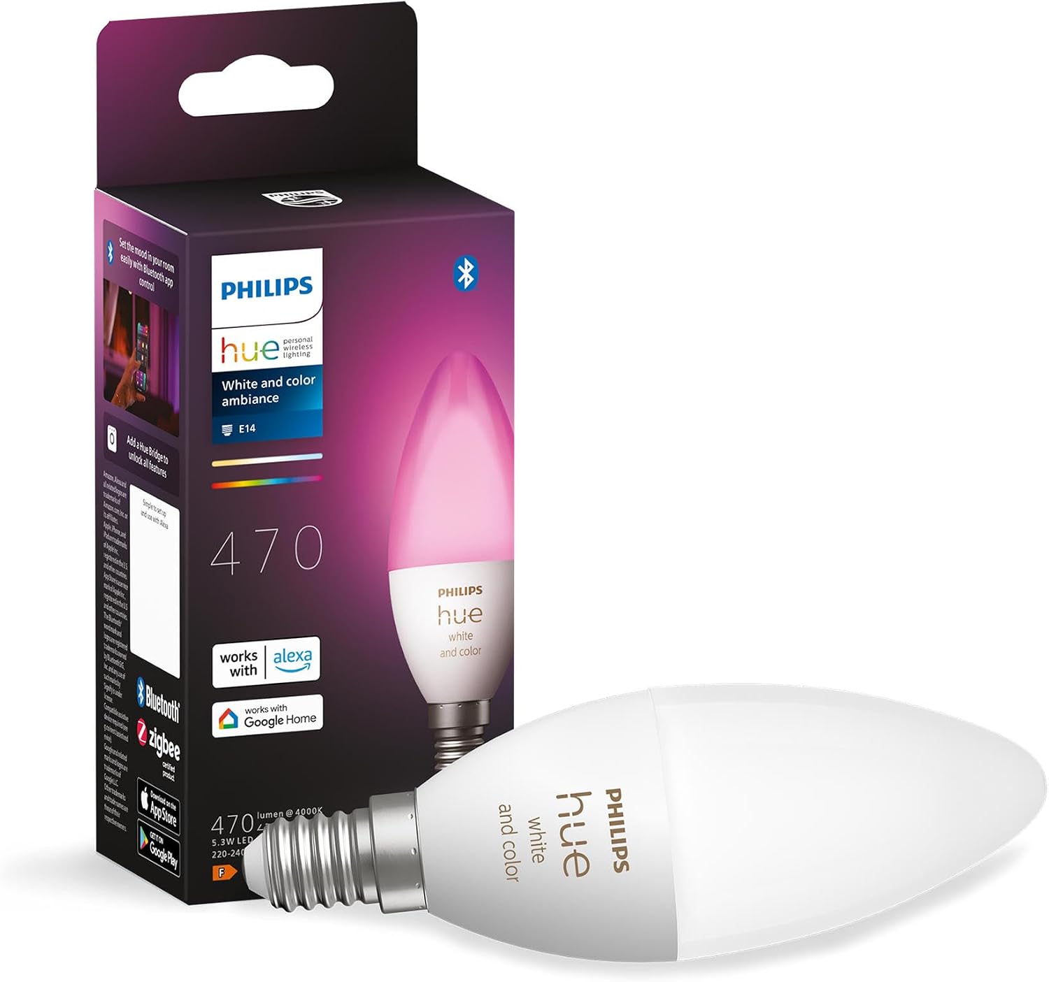 Philips Hue White & Color Ambiance Smart LED Candle Bulb E14 Bluetooth Compatible with Alexa, Google Assistant and Apple Homekit - Image 1