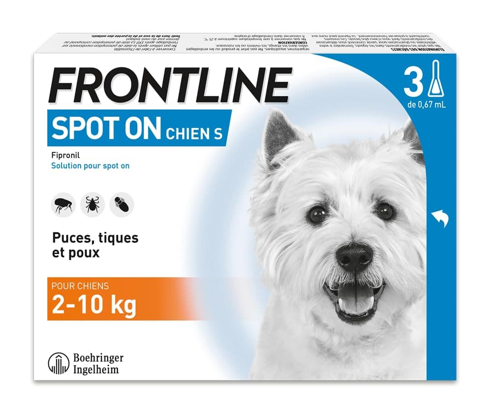 Frontline Spot-on Dog Anti-Fleas, Ticks & Lice Crushers – Protects for 8 Weeks Against Fleas/4 Weeks Against Ticks – for Small Dogs 2 to 10 kg – Made in France – 3 Pipettes