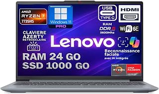 Lenovo Ordinateur Portable AMD Ryzen 7 7735HS 4.75Ghz, RAM 24Go DDR5, SSD 1To NVMe, Copilot IA, Écran 15.3” FHD IPS, WiFi6E, Caméra FHD, Reconnaissance faciale, Clavier AZERTY rétroéclairé, Win11 Pro - Image 1