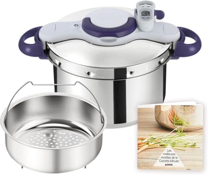 Seb Clipsominut' Perfect Pressure Cooker 7.5 L, Induction Pressure Cooker, Easy to Use, Timer, Book 100 Recipes Included, Made in France, Purple P4624800