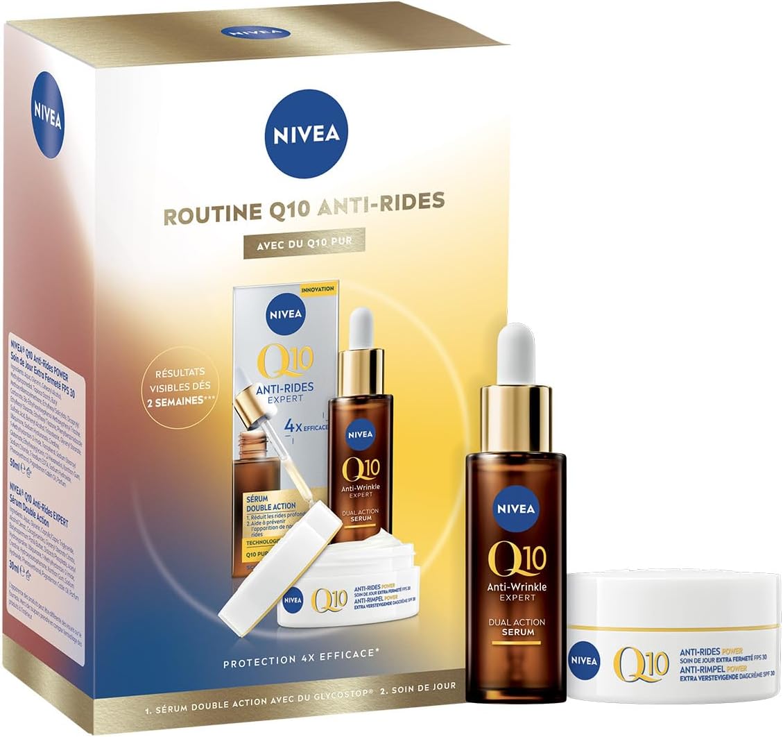NIVEA - Coffret Soin Visage Anti-Âge Q10 Anti-Rides - Sérum Double Action Anti-Rides (30 ml) + Soin de Jour Anti-Rides & Fermeté (50 ml) - Q10 Pur, Créatine & Glycostop - Tous Types de Peaux - Image 1