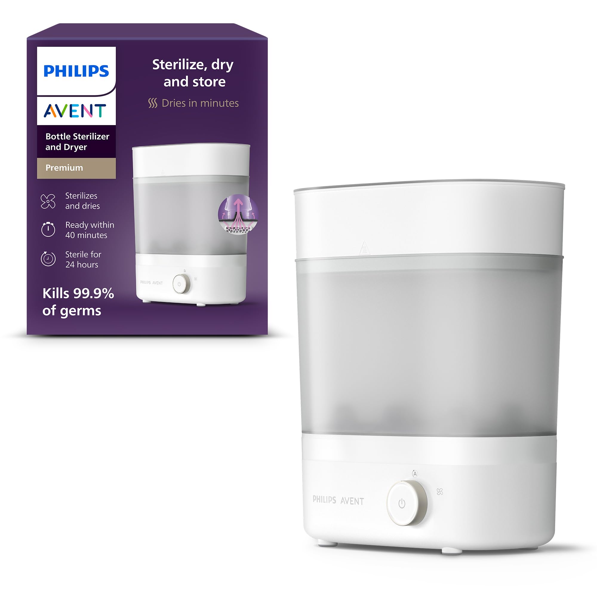 Philips Avent Premium stérilisateur et sèche-biberon, élimine 99,9 % des bactéries, sans produits chimiques, capacité de 6 biberons/tétines/accessoires, modèle SCF293/00 - Image 1