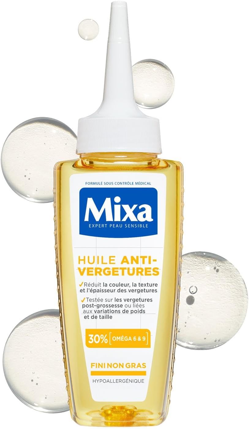 Mixa - Huile Anti-Vergetures - 30% d’Omégas 6 & 9 - Réduit la Couleur, la Texture et l’Épaisseur des Vergetures Post-Grossesse ou Variations de Poids et de Taille - 100 ml - Image 1