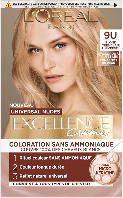 L'ORÉAL PARIS Permanent Hair Colour Long-Lasting Natural & Luminous Result 100% White Hair Covers Excellence Universal Nudes Cream Shade Very Light Blonde (9U) - Image 1