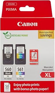 Canon Multipack Cartouche Encre & Papier - PG-560XL/CL-561XL Cartouches d'encre Authentique pour imprimante 2 Pack (1 x Black XL, 1 x Colour XL) & 4x6 Photo Paper (50 x Sheets) - Image 1