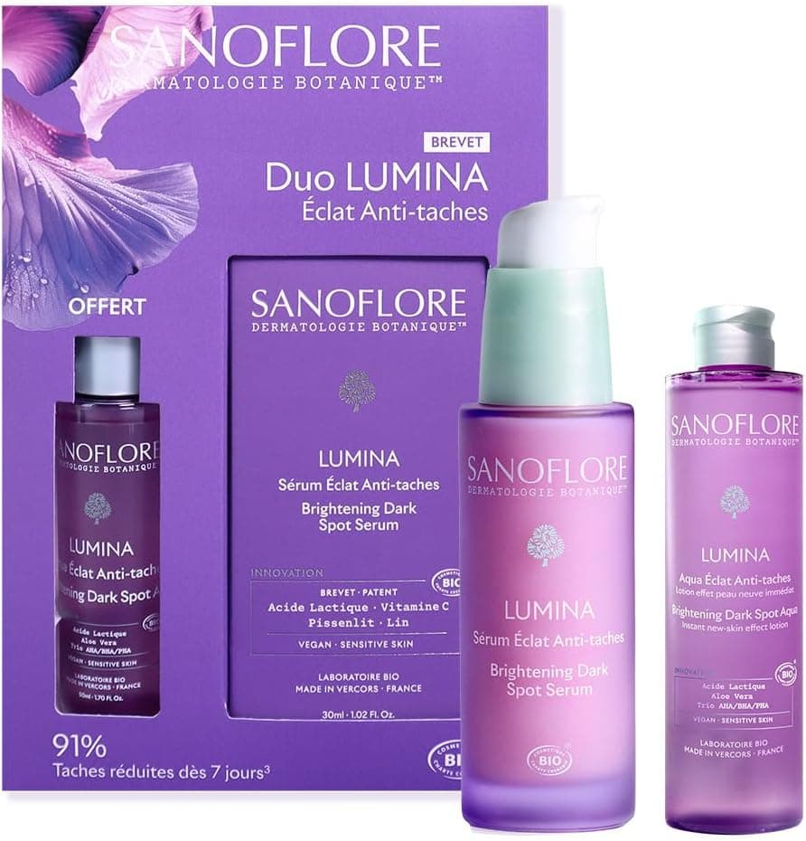 Sanoflore Duo LUMINA Éclat Anti‑Taches – Sérum Visage 30ml + Lotion Aqua 50ml – Anti-Taches Brunes & Acné – Bio & Vegan – Teint Lumineux – Peaux Sensibles – Routine Éclat Complète
