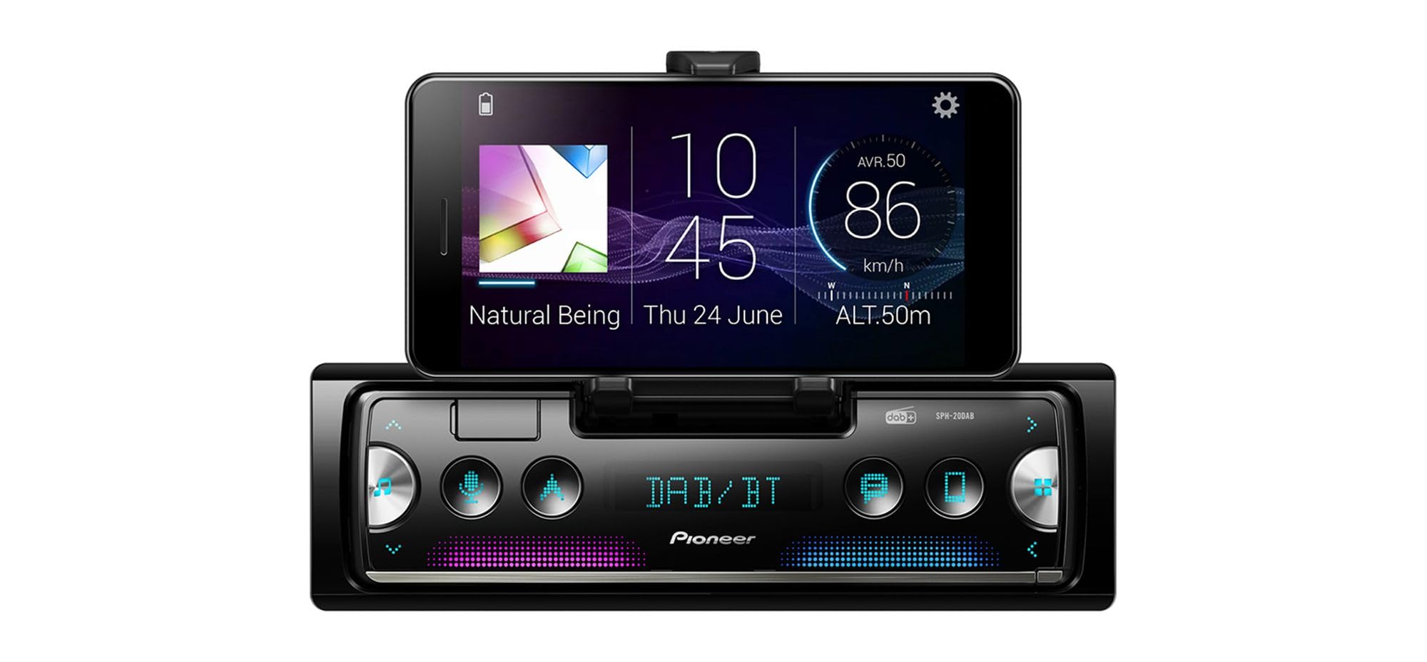 Pioneer SPH-20DAB Car Radio with Built-In Smartphone Holder, 1 DIN Format, FM/DAB+ Radios, USB, Bluetooth, Multi-Colour, "Pioneer Smart Sync" App - Image 1