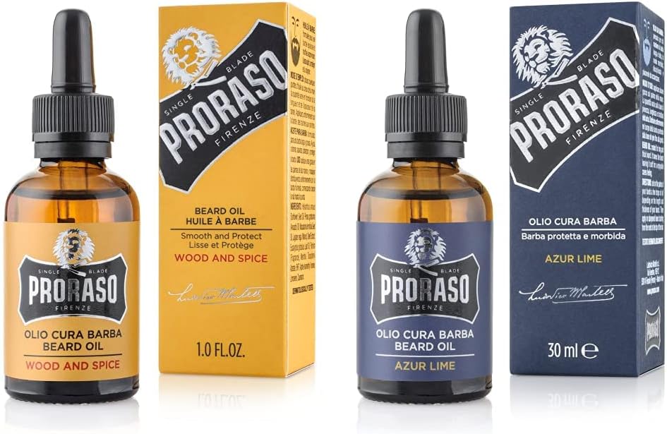 Proraso Huile Barbe, Soin Visage Homme Parfum Bois & Épice, Huile pour Barbe Adoucissante & Protectrice Enrichie en Huiles de Macadamia & Avocat, 30 ml & Huile Barbe Azur Lime, 30 ml - Image 1