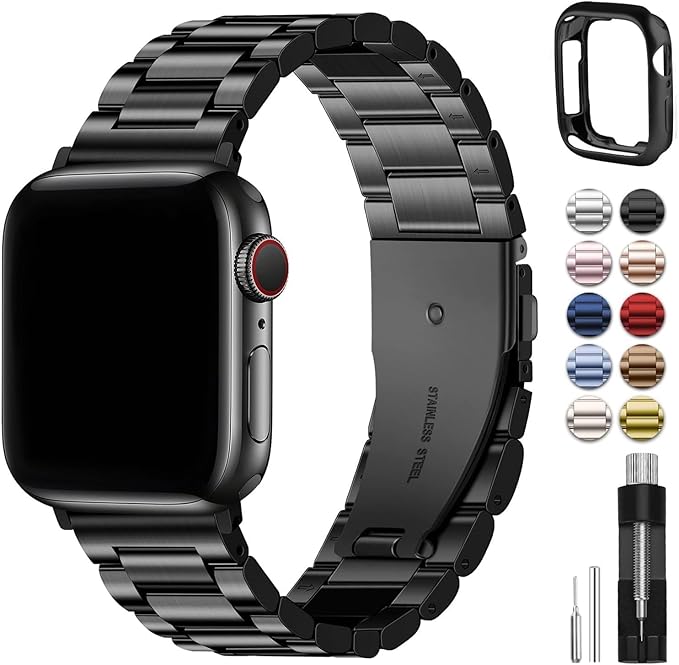 Fullmosa Compatible with Apple Watch Band 44mm 45mm 42mm, Stainless Steel iWatch Band for Apple Watch Se1/2/3 Series 9/8/7/6/5/4/3/2/1(Black, 42mm/44mm/45mm) - Image 1