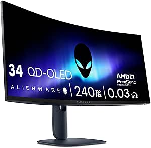 Alienware 34 PC Gaming Monitor - AW3425DW, WQHD (3440x1440), 21:9 1800R Curved, 240Hz, QD OLED, 0.03ms, Compatible with NVIDIA G-Sync, AMD FreeSync Premium Pro, HDR True Black 400, USB-C, 3-Year - Image 1