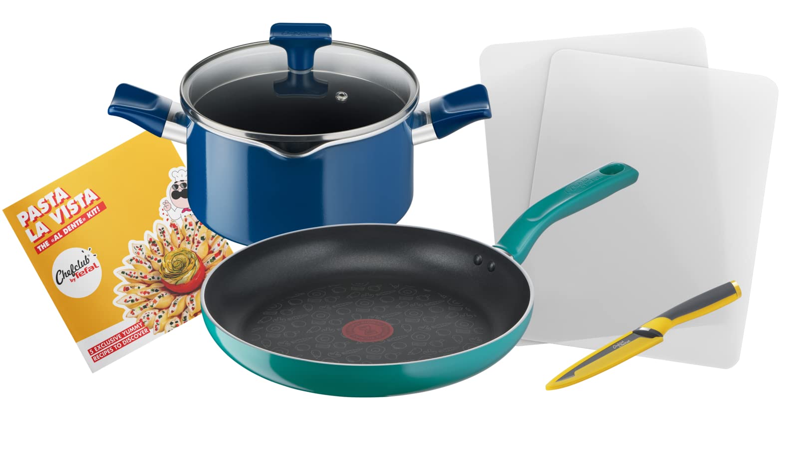 Tefal Chefclub by Tefal Pasta la Vista Cooking Set 28 cm Frying Pan 20 cm Casserole + Lid, Fresh Kitchen Knife, 2 Cutting Boards, Recipe Booklet G804S404 - Image 1