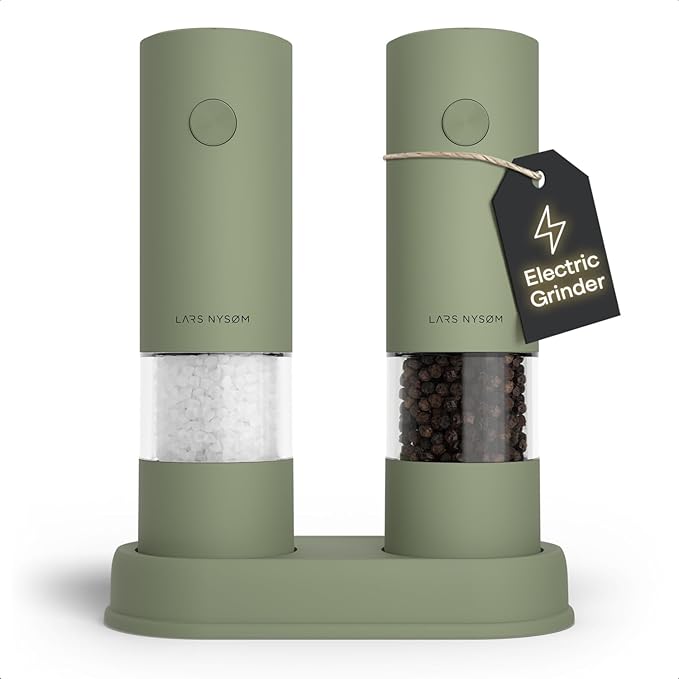 LARS NYSØM Electric Salt and Pepper Mill | Automatic Set with Adjustable Ceramic Grinder | Battery Operated Electric Spice Mill (Sage Green) - Image 1