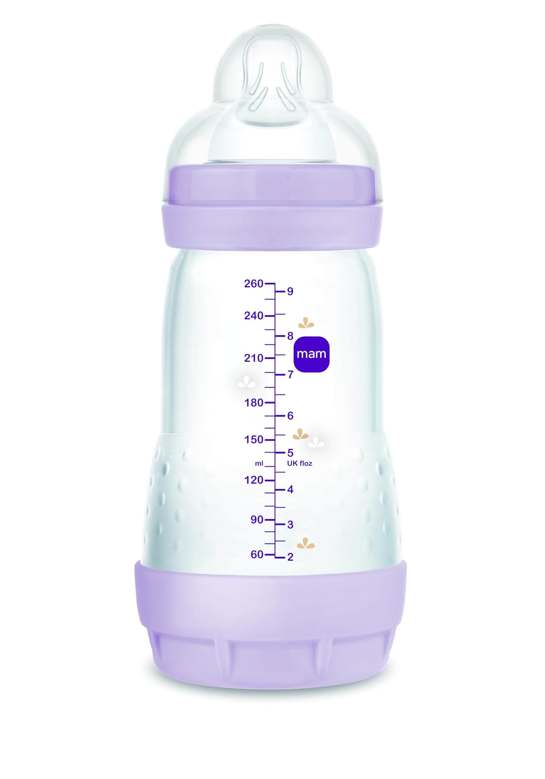 MAM Anti-Colic 260 ml Anti-Colic Bottle with Ventilation Base, Self-Sterilising MAM Bottle with No. 1 Extra Soft Silicone Teat, 2+ Months Lilac