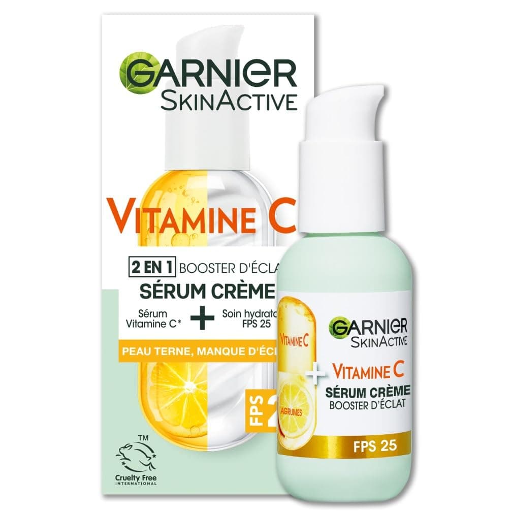 GARNIER Skin Active - 2-in-1 Radiance Booster Cream Serum - 72h Hydration & Radiance - SPF 25 - Vitamin C & Citrus - Vegan & Cruelty Free - Dull Skin In Need Of Radiance - 50 ml