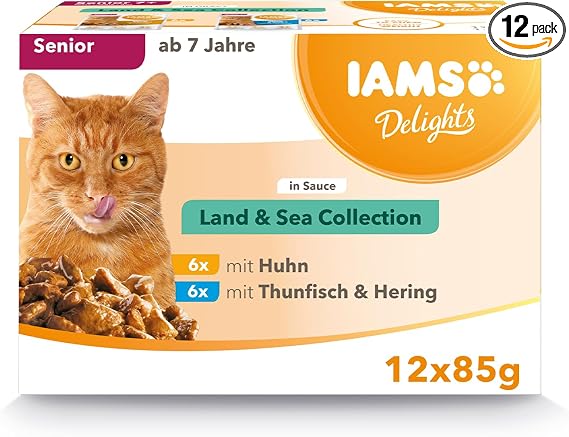 IAMS Advanced Nutrition Senior Cat Assortment Wet Sachets Earth & Sea Land&Sea Collection, in Sauce - 12 Sachets x 85g - Image 1