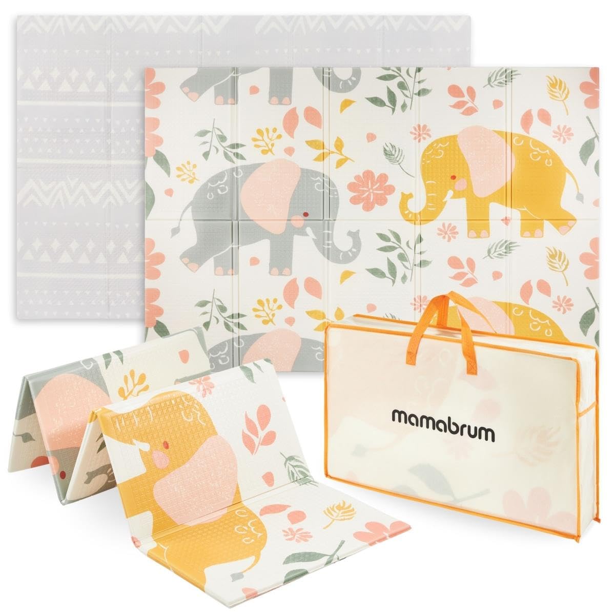 Mamabrum Double Sided Foldable Baby Foam Play Mat – 180 x 120 x 1 cm, Children's Play Mat, Exotic Elephants/Soft Grey, Non-Slip, Waterproof - Image 1