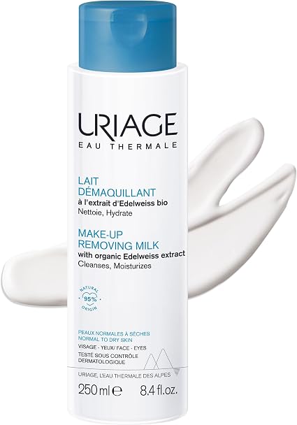 Uriage Cleansing Milk with Edelweiss Organic - Face and Eyes - Cleanses, Moisturises and Softens the Skin - Fruity and Floral Scent - High Tolerance - 95% Natural Ingredients - 250 ml - Image 1