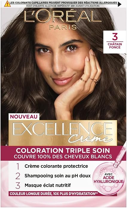 L'ORÉAL PARIS - Triple Care Permanent Hair Colour - Covers 100% of White Hair - Excellence Cream - Shade: Dark Brown (3) - Image 1