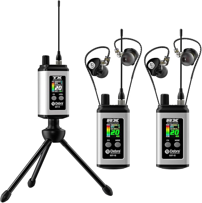 Debra EST-12 UHF Professional In-Ear Monitoring System 2 Receivers, 20 Channels, 0ms Latency, 80 m Range, Metal Case for Stage & Studio Black - Image 1