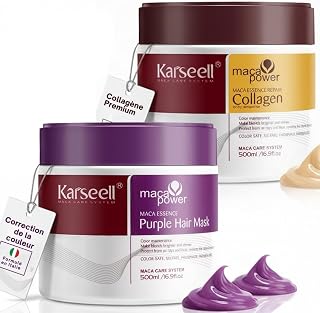 Karseell MACA CARE SYSTEM Lot Masque Cheveux Collagène Hydratant Nourrissant + Masque Violet Déjaunissant Cheveux Secs Abîmés Blonds Gris Blancs Colorés Sans Sulfates 2 x 500ml - Image 1