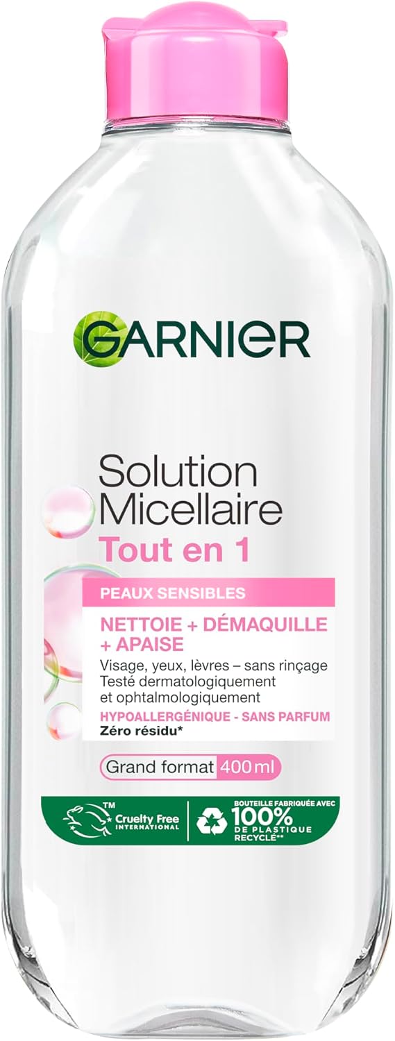 GARNIER Skin Active - Solution Micellaire Tout-En-1 - Nettoie, Démaquille & Hydrate - Micelles & Glycérine Hydrantante - Sans Parfum - Visage, Yeux, Lèvres - Peaux Sèches & Sensibles - 400 ml - Image 1