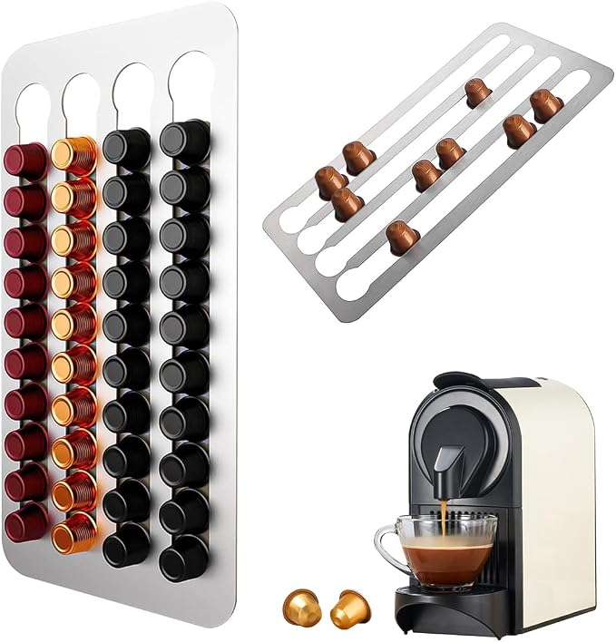 Coffee Capsules Stand for Storage Capsule Nespresso, 40.5 x 22 cm Stainless Steel Capsule Holder, 3 m Adhesive Tape Coffee Pod Organizer Stand, for Storage of 40 Coffee Capsules - Image 1