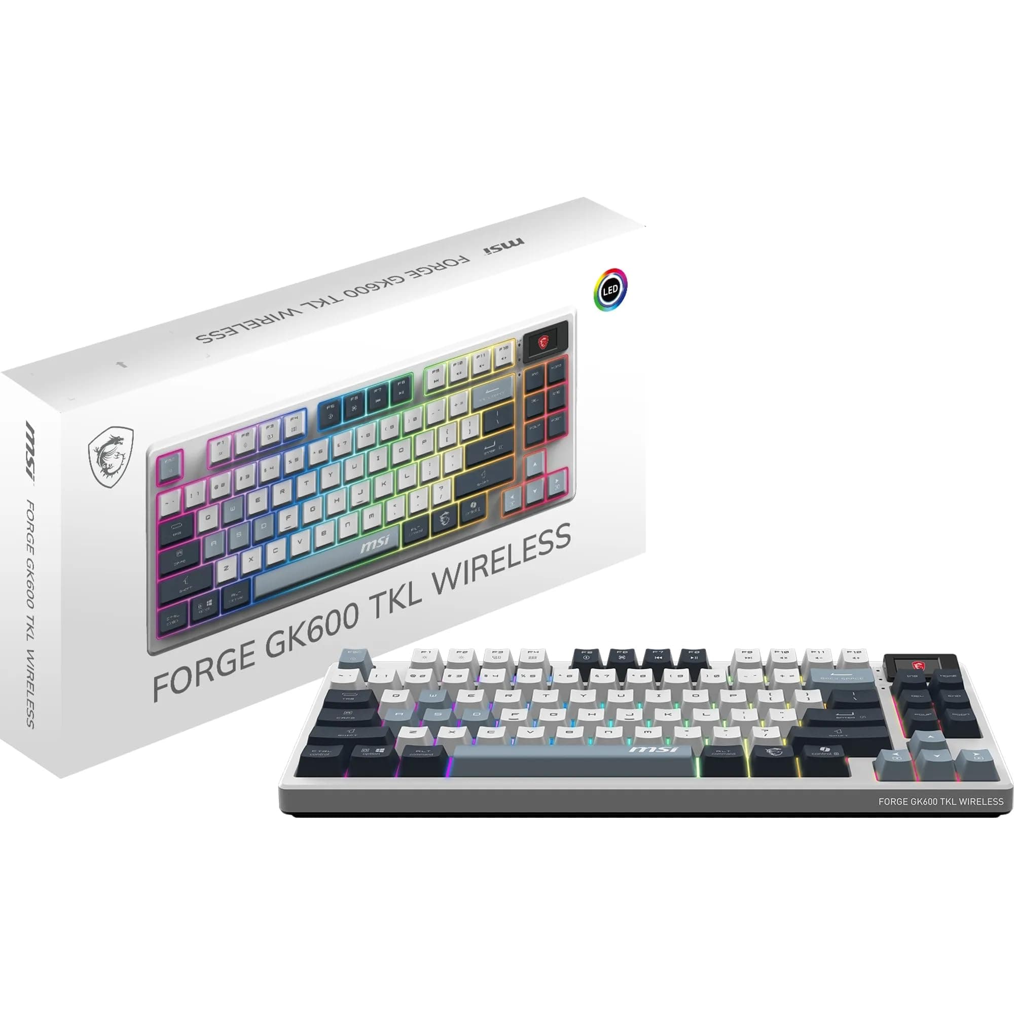 MSI Forge GK600 TKL Wireless Sky FR Mechanical AZERTY Keyboard with Linear Switches - Sublimation Printed PBT Keycaps, Non-slip Base, RGB LED, USB 2.0, Bluetooth, 2.4 GHz - Tenkeyless