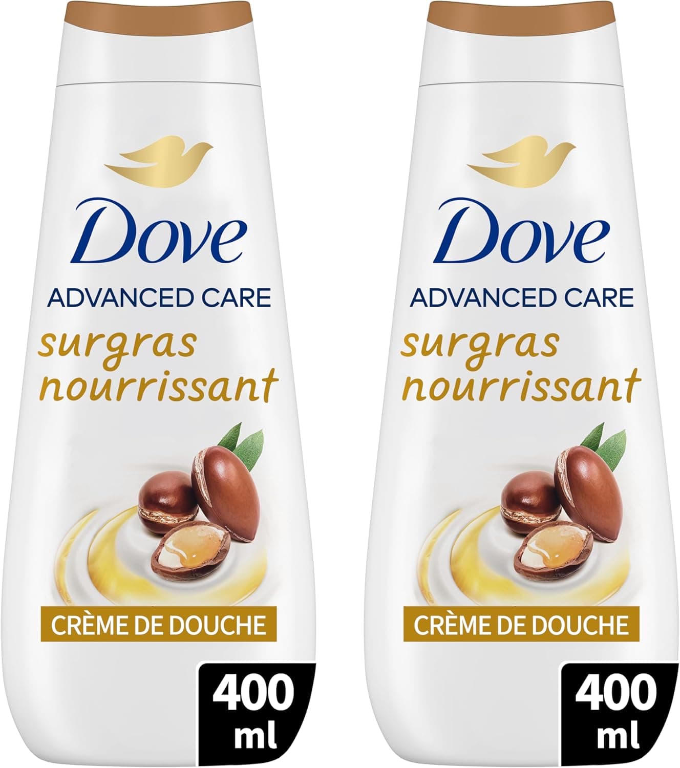 DOVE - Crème de douche Advanced Care Surgras Nourrissant - A l'huile d'argan - Testé dermatologiquement - Sensation de peau douce pendant 24h (lot de 2x 400ml)