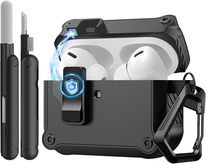 TiMOVO Airpods Pro 3 (2025) Case with Secure Locking Clip, Full Protection Hard Case for Apple AirPods Pro 3rd Generation, Climbing Hook and Cleaning Kit, Black - Image 1