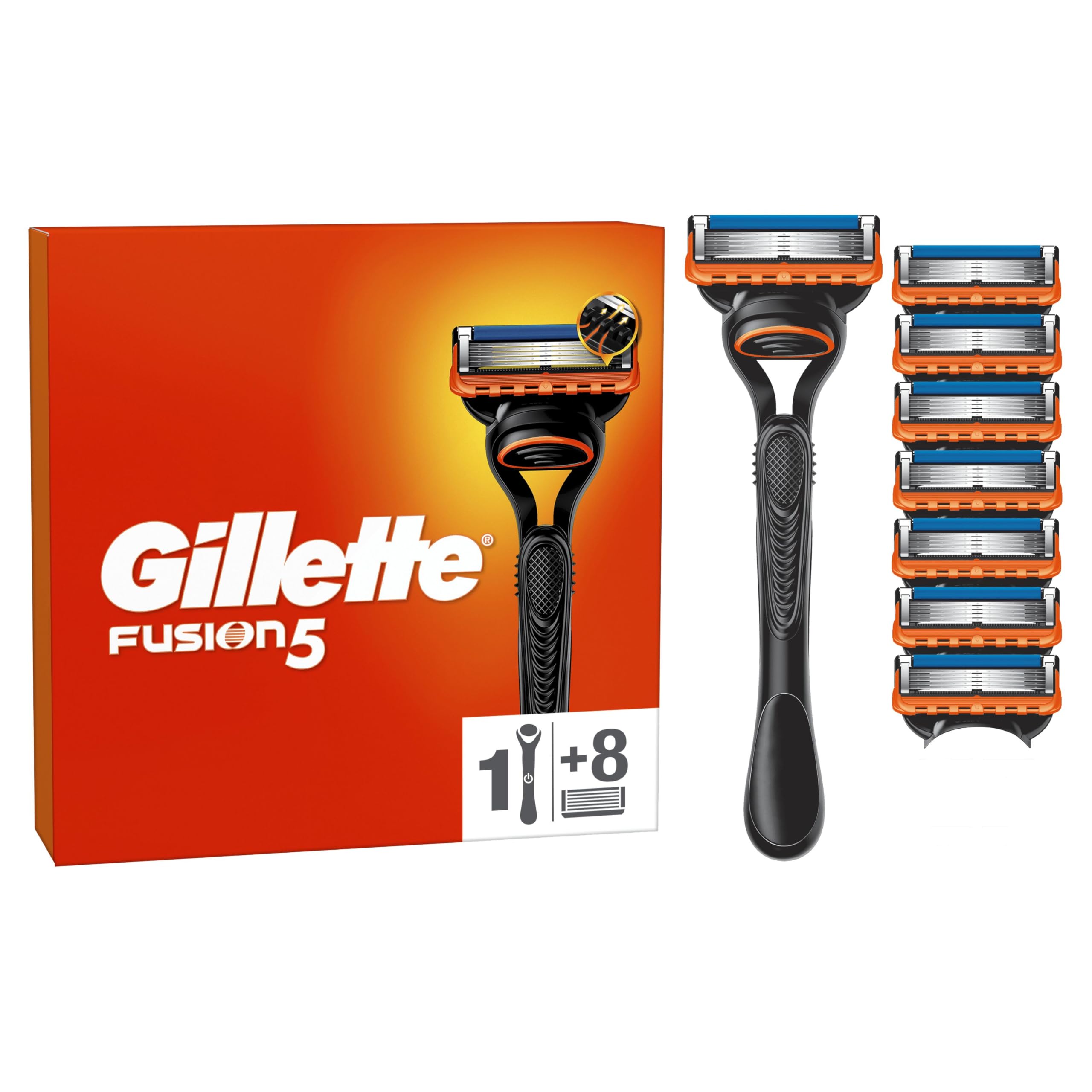 Gillette Fusion5 Men's Razor with Reusable Handle, 8 Cartridges with 5 Blades, Lubricating Strip for Comfortable Facial Shaving and Smooth Razor Slide, 1 Refill by 20 Shaves - Image 1