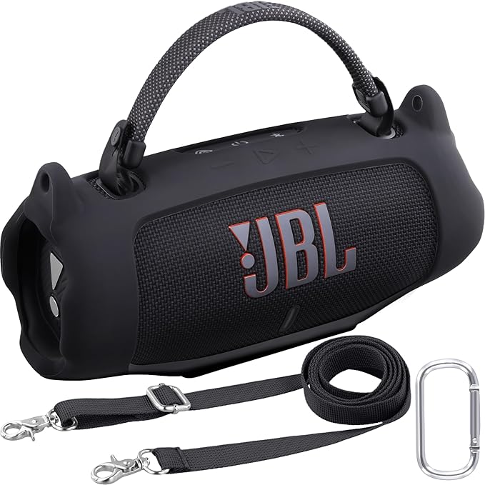 Khanka For JBL Charge 6 Protective Silicone Case with Detachable Strap & Utility Hook, Flexible Soft Case for JBL Charge 6 Portable Bluetooth Speaker, Case Only, Black, Casual - Image 1