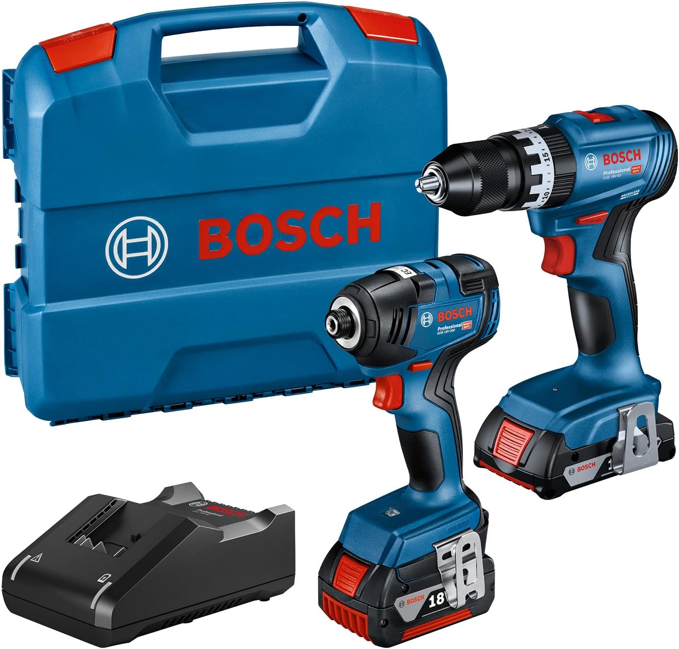 Bosch Professional Combo-Kit GDR 18V-200 + GSB 18V-45 (avec 1 batterie 2,0 Ah, 1 batterie 4,0 Ah, chargeur GAL 18V-40, dans L-Case) - Set Amazon Exclusive - Image 1