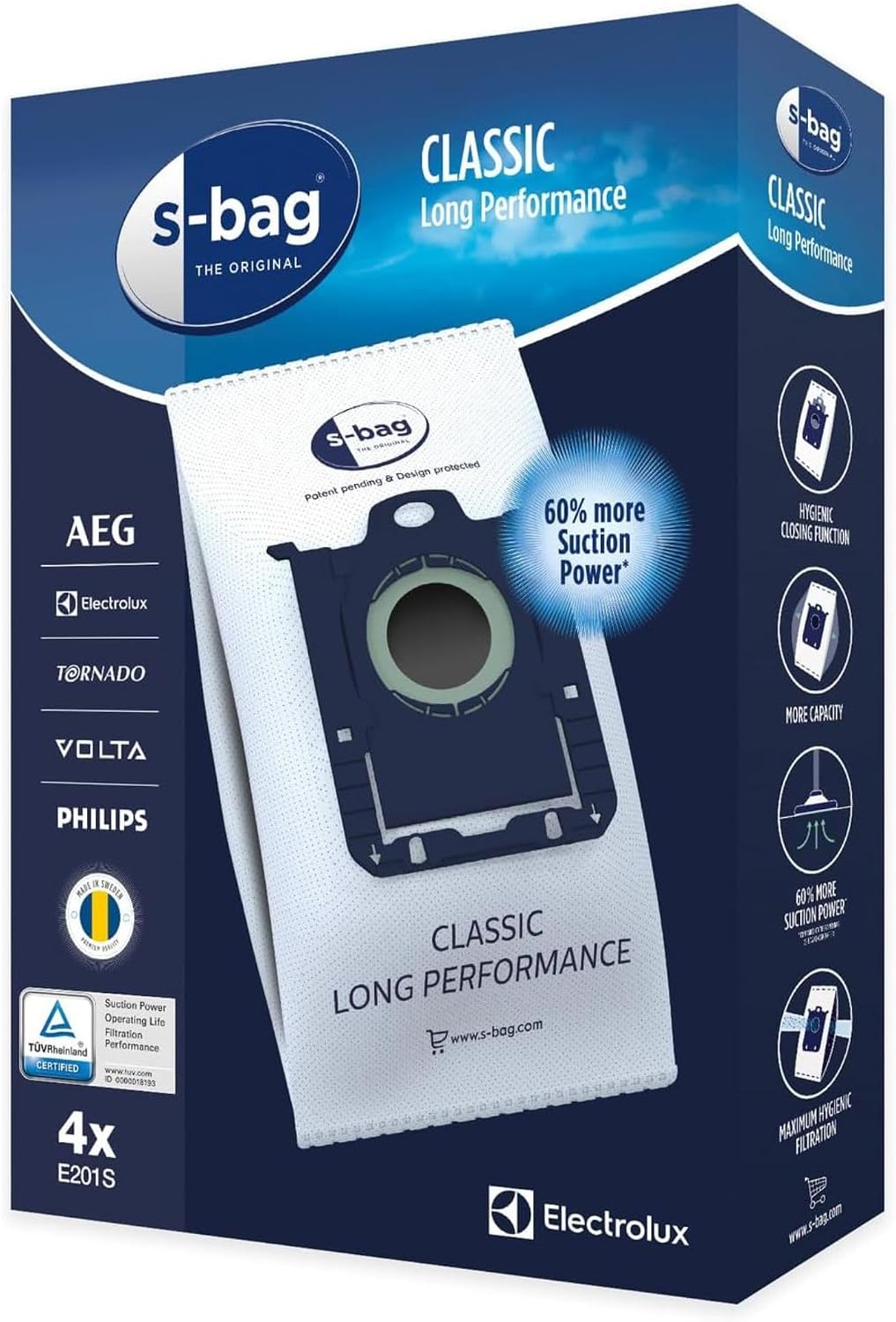 Electrolux E201S S-Bag Long Performance Vacuum Cleaner Bags, Box of 4 Bags, 3.5 Liters, Powerflow, Hygienic Automatic Closure System, Suitable for Many Types of Vacuum Cleaners - Image 1