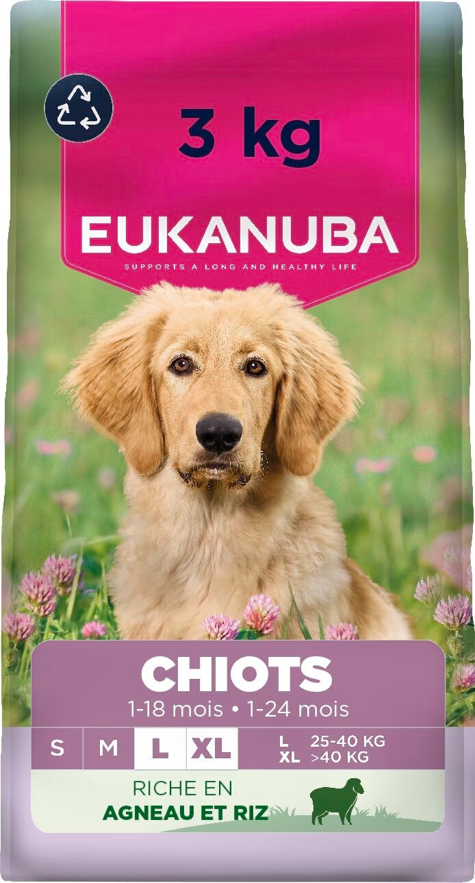 EUKANUBA Life Care Puppy & Junior Large Breed Food 1 to 18 Months, Giant Breeds 24 Months, Rich in Lamb & Rice, DHA, Calcium, Omega 3&6, FOS, MOS, No Dyes, Artificial Flavours or GMOs - 3 kg - Image 1