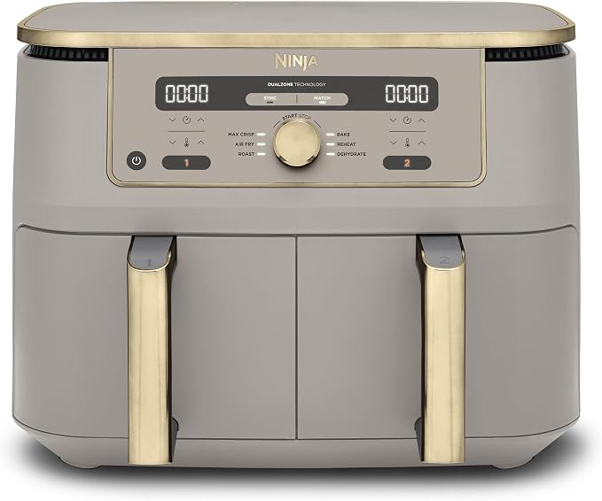 Ninja Air Fryer Dual Zone MAX Digital, Large Capacity Hot Air Fryer, 9.5 L, Oil Free, Air Fry, Crispy max, Bake, Roast, Dehydrate, Warm, Stone/Gold, DZ400EUSTGD - Image 1