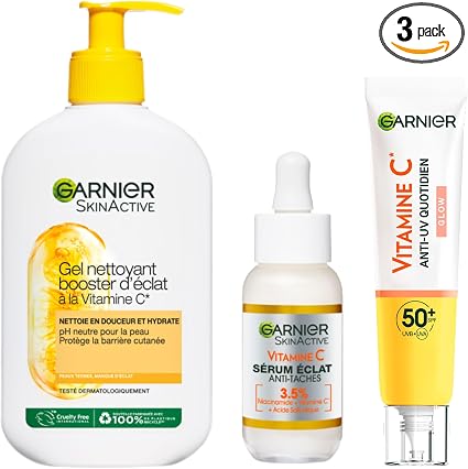 Garnier SkinActive Vitamin C Radiance Routine Set - Radiance Booster Cleansing Gel + Anti-Dark Spot Serum + Glow Daily Anti-UV Fluid SPF50+ - Enriched with Vitamin C - All Skin Types - Image 1