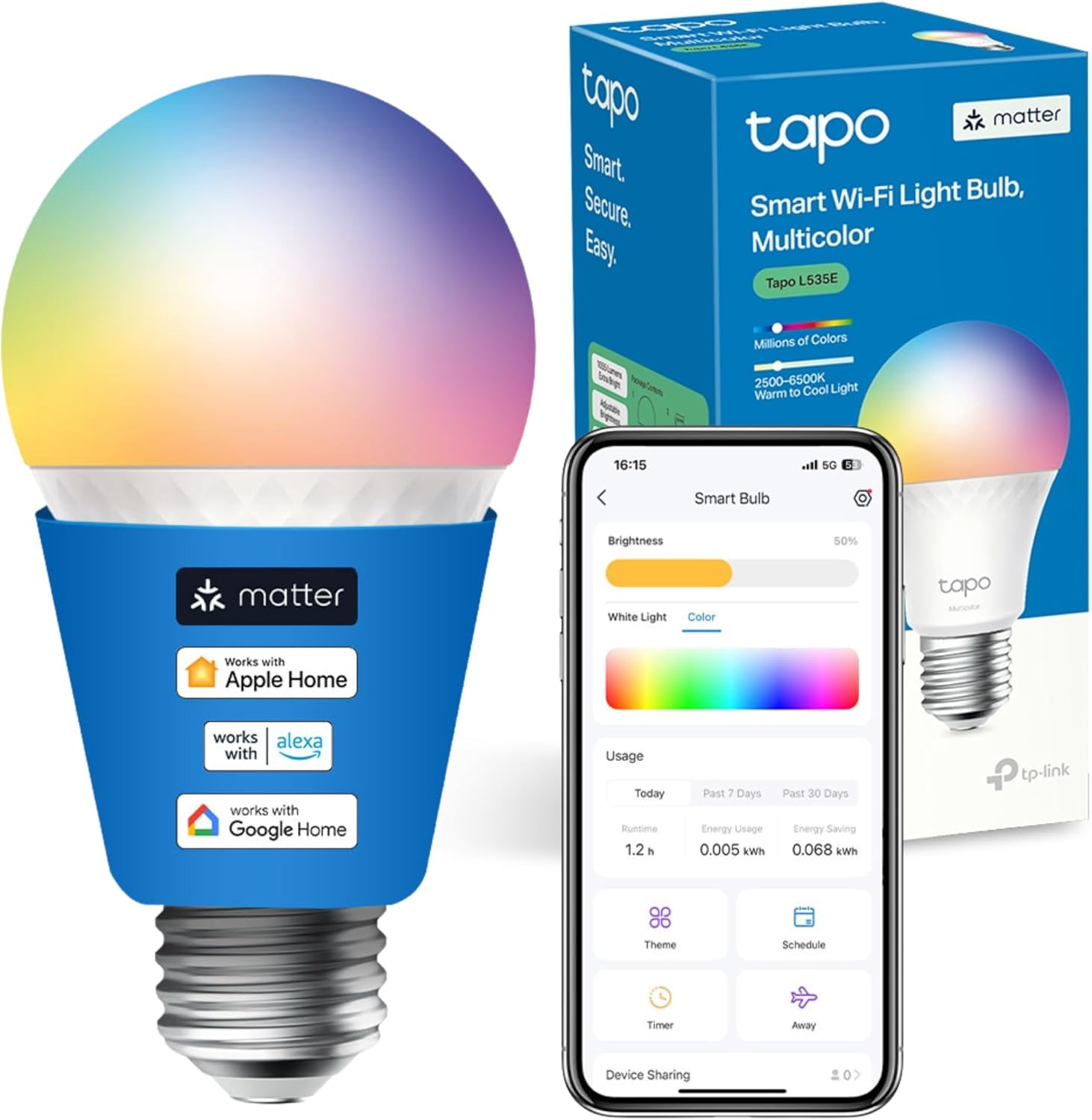 Tapo Ampoule intelligente L535E E27, Alexa, certifiée, multicolore, 8,6 W (75 W), programmation automatique, minuterie, mode absent, intensité variable, surveillance énergie - Image 1
