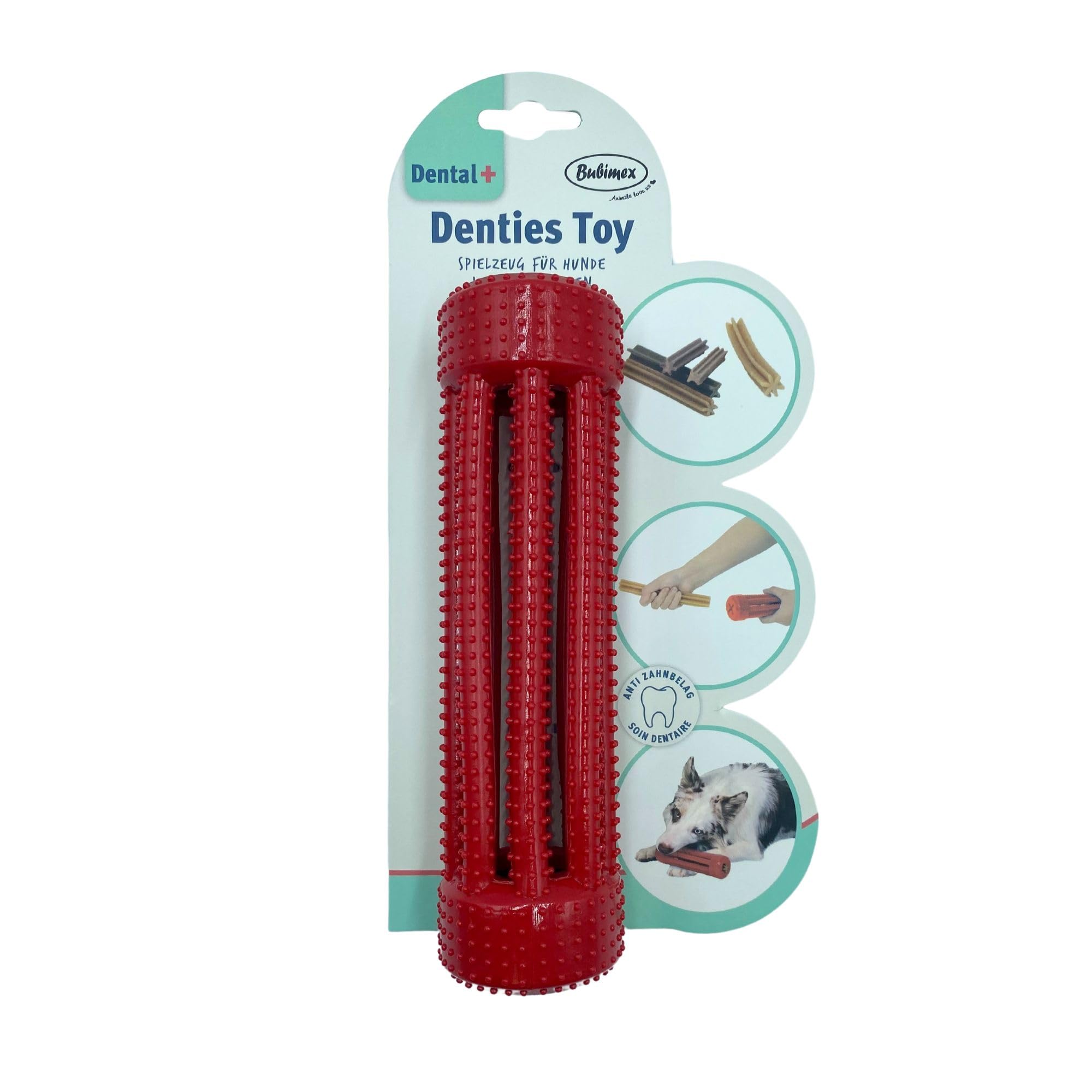 Bubimex - Teething Toy - Dog Chew Toy - Stuffing with Stick Treats - Teeth Cleaning - Gum Massager - Strong and Flexible TPR Rubber - 19x5x5cm - Red - Image 1