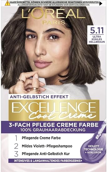 L'Oreal Paris Ultra Cold Permanent Hair Colour, 100% Grey Coverage, Nourishing Shampoo & Cream Kit, Excellence Cool N°5.11 Brown - Image 1