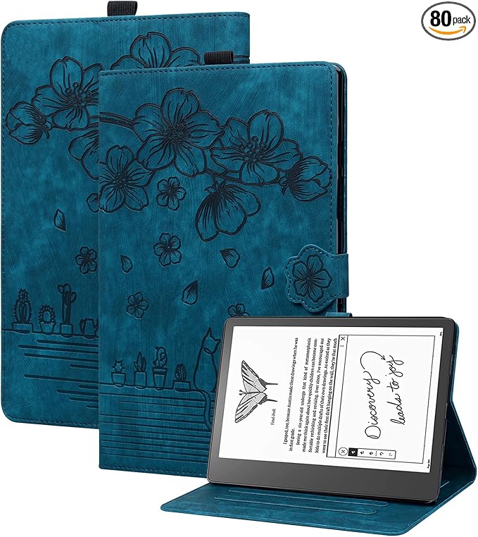 Case for Amazon Kindle Scribe 2022-2024 (10.2 Inches) PU Leather Flip Case Cover Cat Sakura Pattern with Stand Wallet Protection Case Blue - Image 1