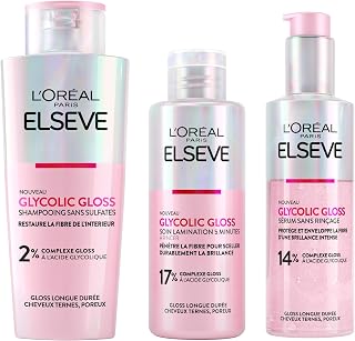 L'Oréal Paris Elvive Glycolic Gloss Shampooing 200ml + Sérum sans Rinçage 150ml + Traitement Laminant en 5 minutes 200ml Cheveux Ternes et Poreux Brillance Intense et Durable - 3 Flacons - Image 1