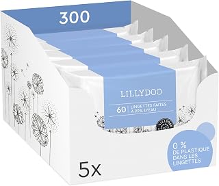 Lingettes LILLYDOO pour bébé faites à 99% d'eau, Lot de 5 x 60 (300 pièces), tissu 100% sans plastique, sans parfum et doux comme du coton et de l'eau - Image 1