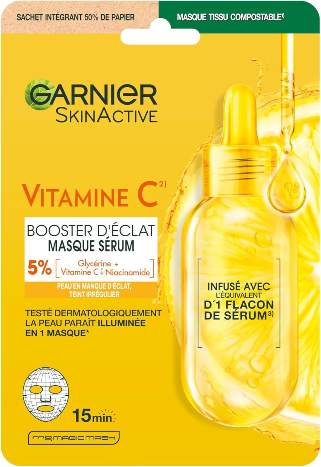 Garnier - Masque Tissu Hydratant - Booster d'Eclat - Enrichi en Vitamine C et Acide Hyaluronique - Formule Vegan - Pour les Peaux Ternes et Fatiguées - 28 g - Image 1