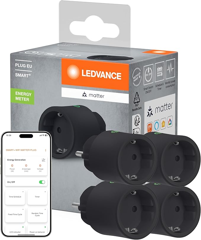 LEDVANCE SMART+ Indoor Plug, Smart Plug with Matter over WiFi, for Integration of Conventional Devices in the Smart Home, Compatible with Alexa, Google & Apple, Black, Pack of 4 - Image 1