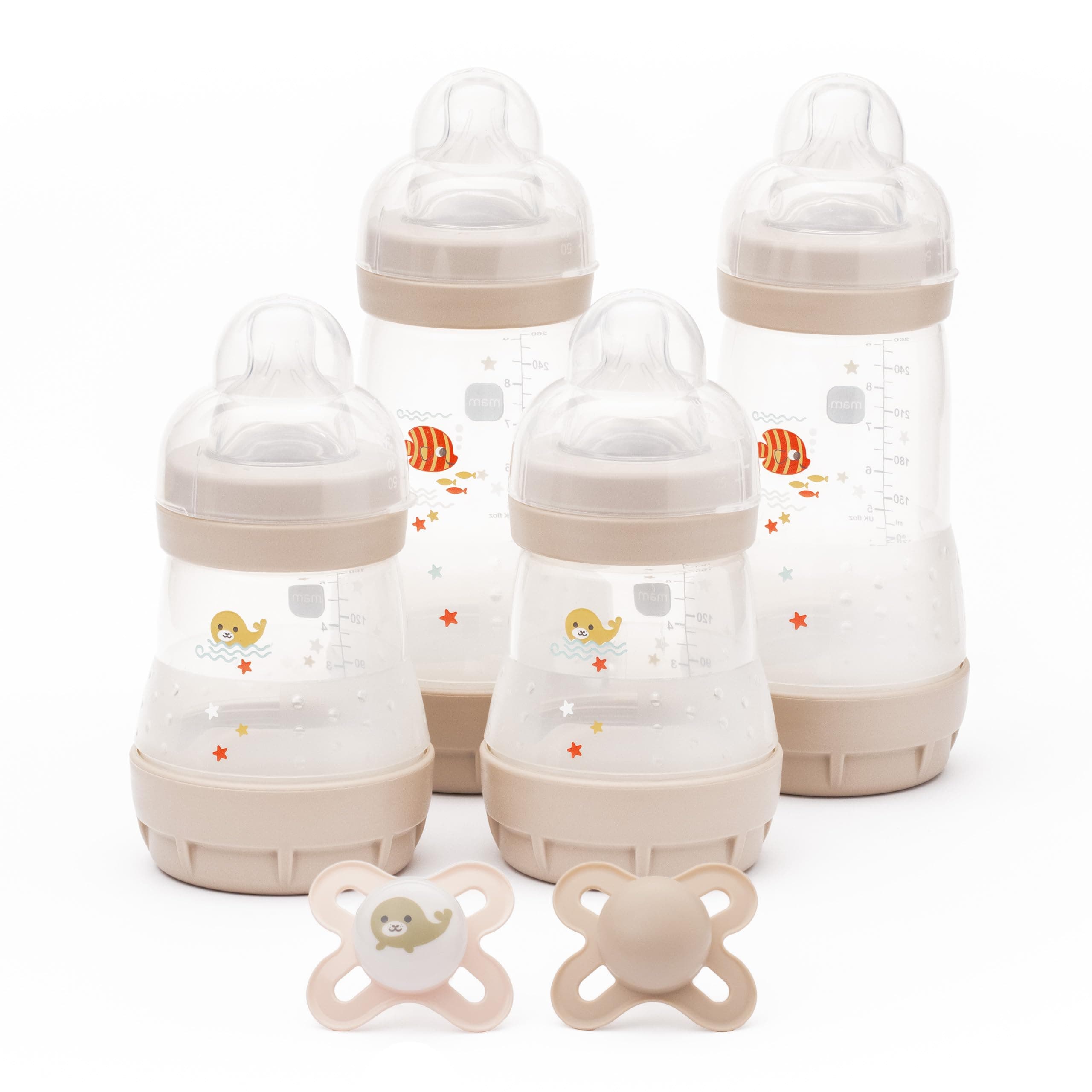 MAM Feed and Soothe Set, Anti-Colic Newborn Bottle Set Complete with Baby Soothers, Suitable from 0+ Months, Ideal Baby Gift Set For New Parents, Ivory (Designs May Vary)